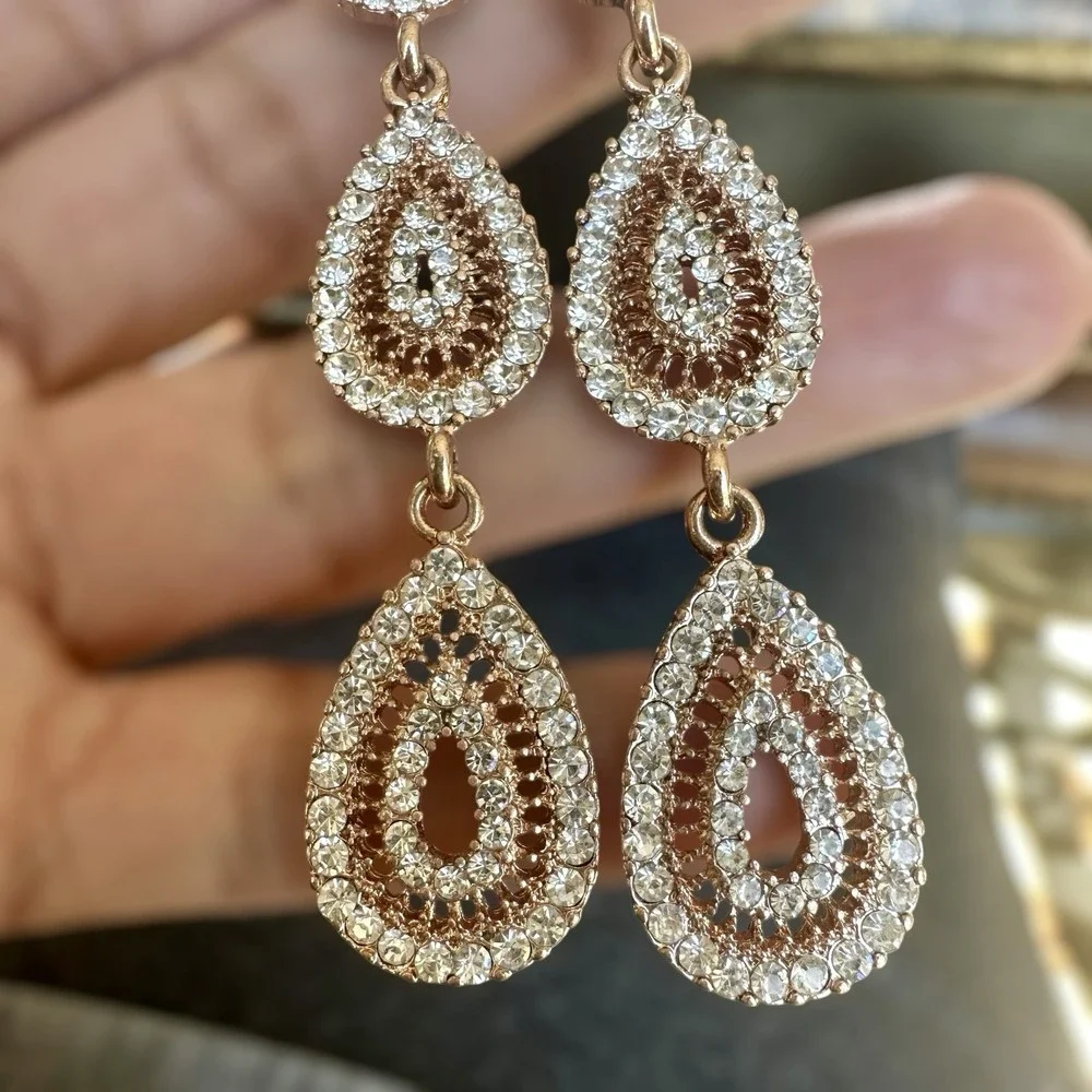 Vintage Teardrop Dangle‎ Drop Earrings 3.75 Inch Pave Clear Rhinestone Gold Tone
